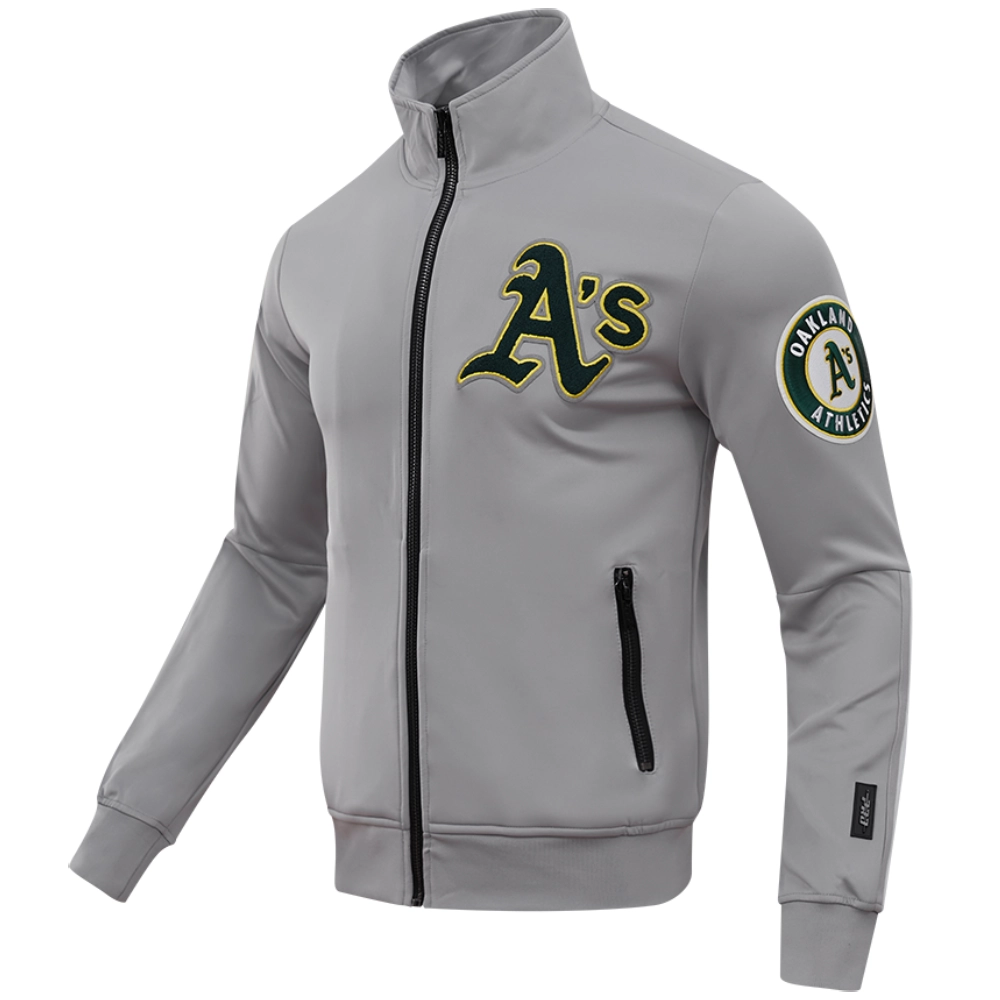 Oakland-Athletics-Pro-Standard-Full-Zip-Polyester-Varsity-Gray-Jacket-LEATHER MOTO 3