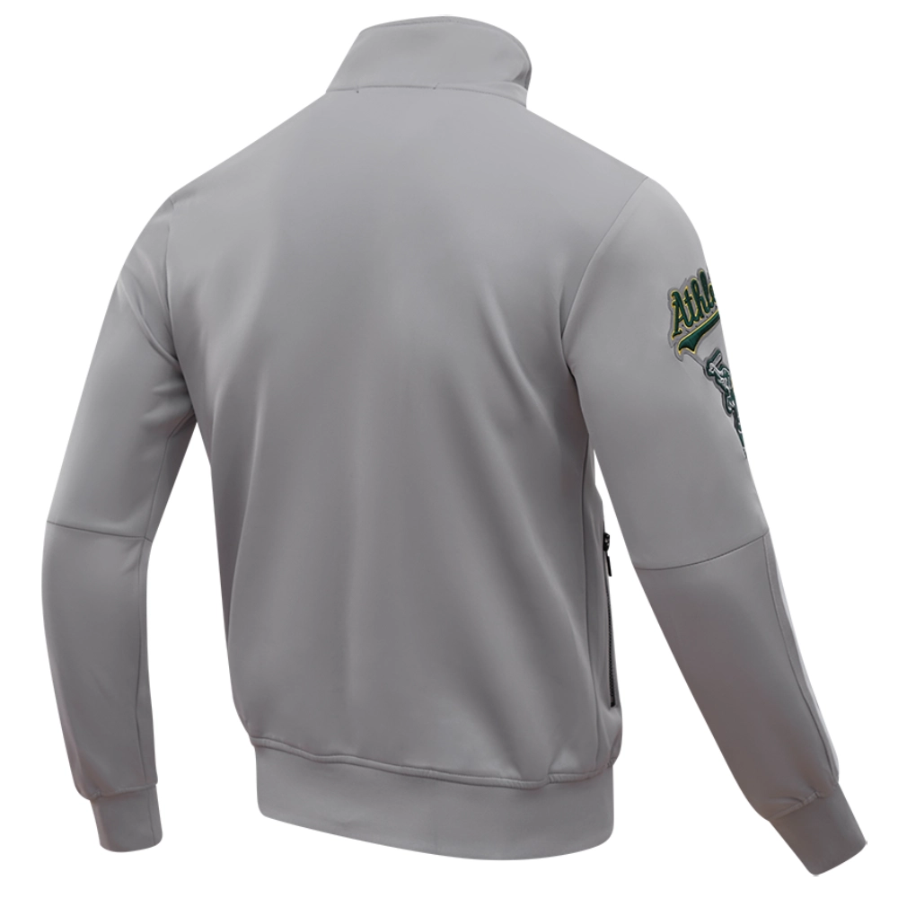 Oakland-Athletics-Pro-Standard-Full-Zip-Polyester-Varsity-Gray-Jacket-LEATHER MOTO 4