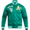 Oakland-Athletics-Pro-Standard-Ribbed-Knitted-Full-Snap-Satin-Varsity-Green-Jacket-LEATHER MOTO 1