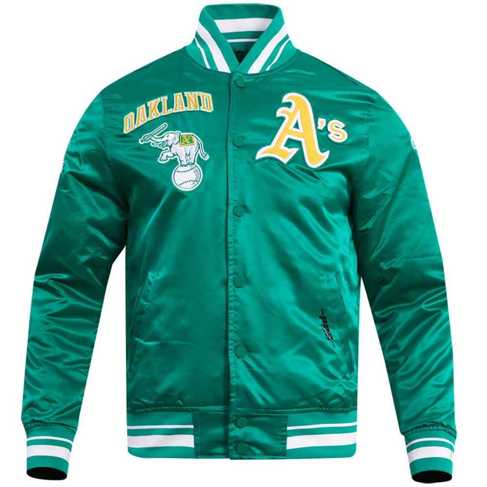 Oakland-Athletics-Pro-Standard-Ribbed-Knitted-Full-Snap-Satin-Varsity-Green-Jacket-LEATHER MOTO 1