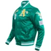 Oakland-Athletics-Pro-Standard-Ribbed-Knitted-Full-Snap-Satin-Varsity-Green-Jacket-LEATHER MOTO 3
