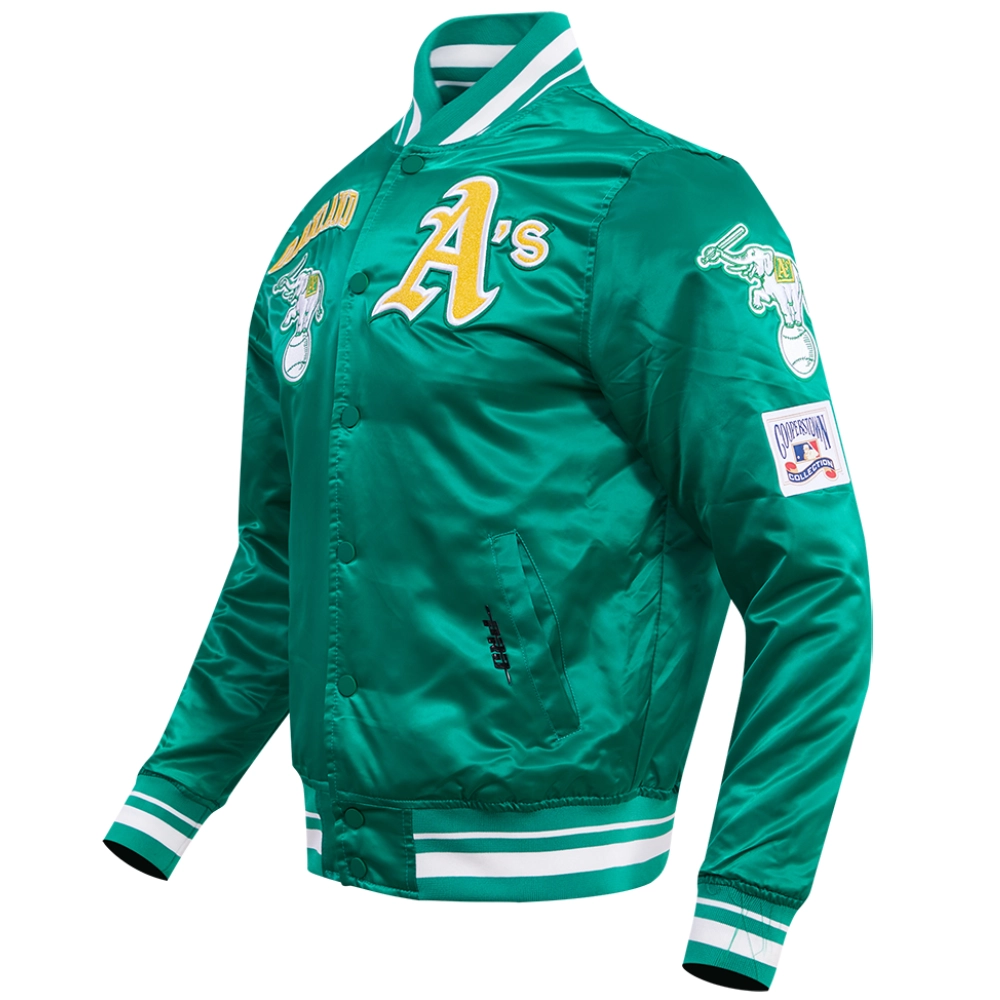 Oakland-Athletics-Pro-Standard-Ribbed-Knitted-Full-Snap-Satin-Varsity-Green-Jacket-LEATHER MOTO 3