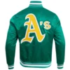 Oakland-Athletics-Pro-Standard-Ribbed-Knitted-Full-Snap-Satin-Varsity-Green-Jacket-LEATHER MOTO2