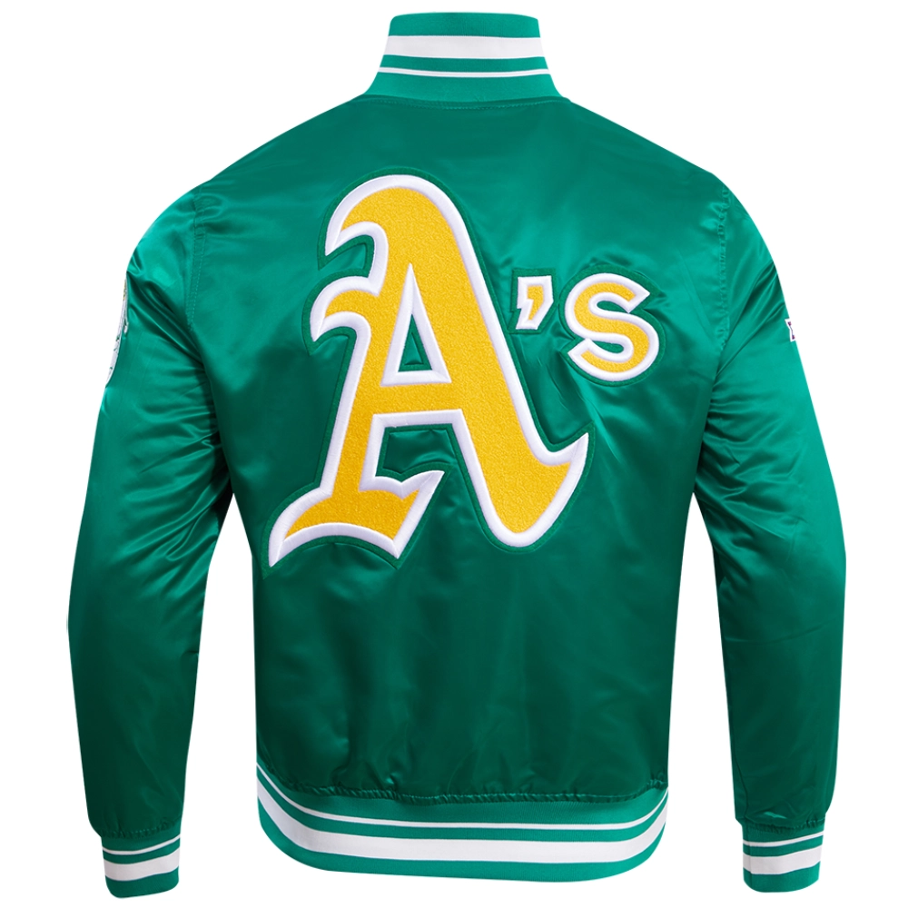 Oakland-Athletics-Pro-Standard-Ribbed-Knitted-Full-Snap-Satin-Varsity-Green-Jacket-LEATHER MOTO2
