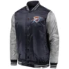 Oklahoma City Thunder Fanatics Branded Iconic Tackle Twill Navy & Silver Satin Varsity Jacket From LeatherMoto (1)