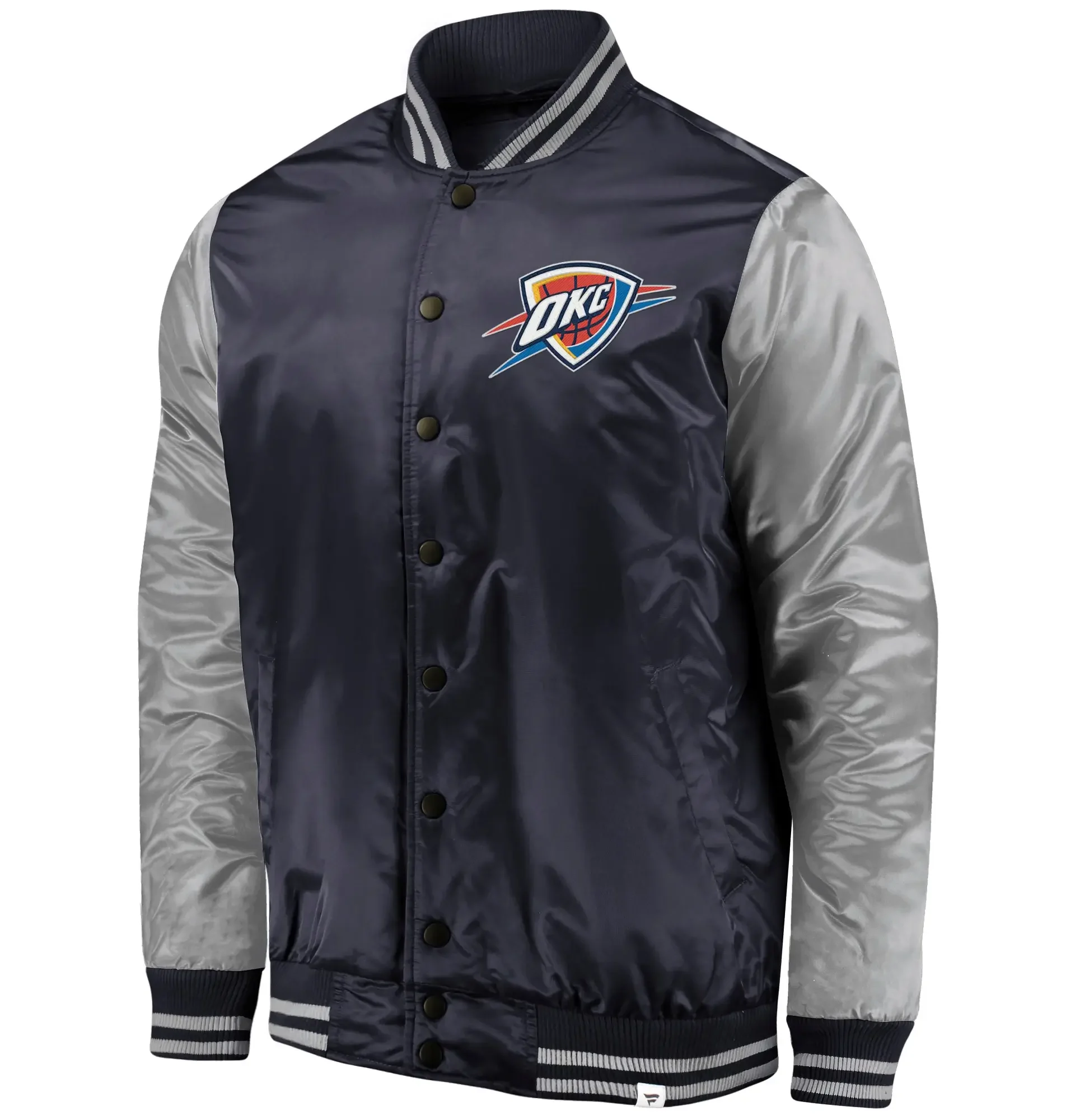 Oklahoma City Thunder Fanatics Branded Iconic Tackle Twill Navy & Silver Satin Varsity Jacket From LeatherMoto (1)