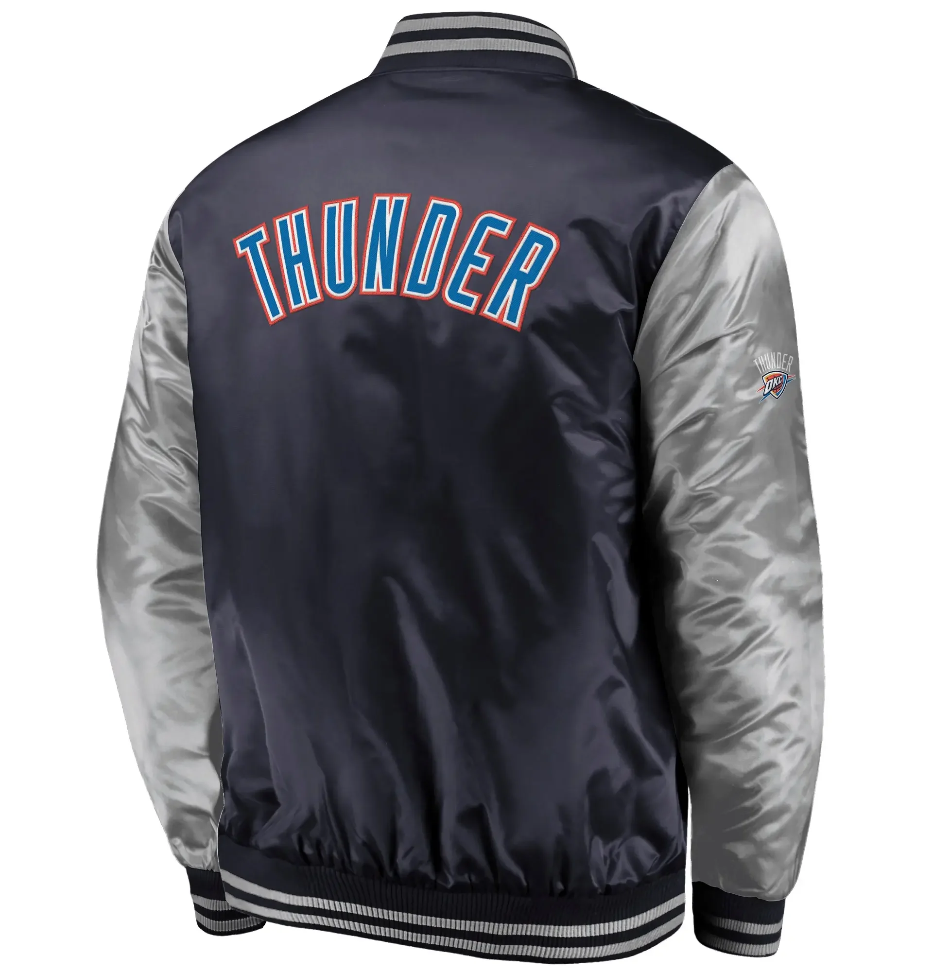 Oklahoma City Thunder Fanatics Branded Iconic Tackle Twill Navy & Silver Satin Varsity Jacket From LeatherMoto (2)