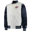Oklahoma City Thunder Starter Renegade Full-Snap White & Navy Satin Varsity Jacket From LeatherMoto (1)