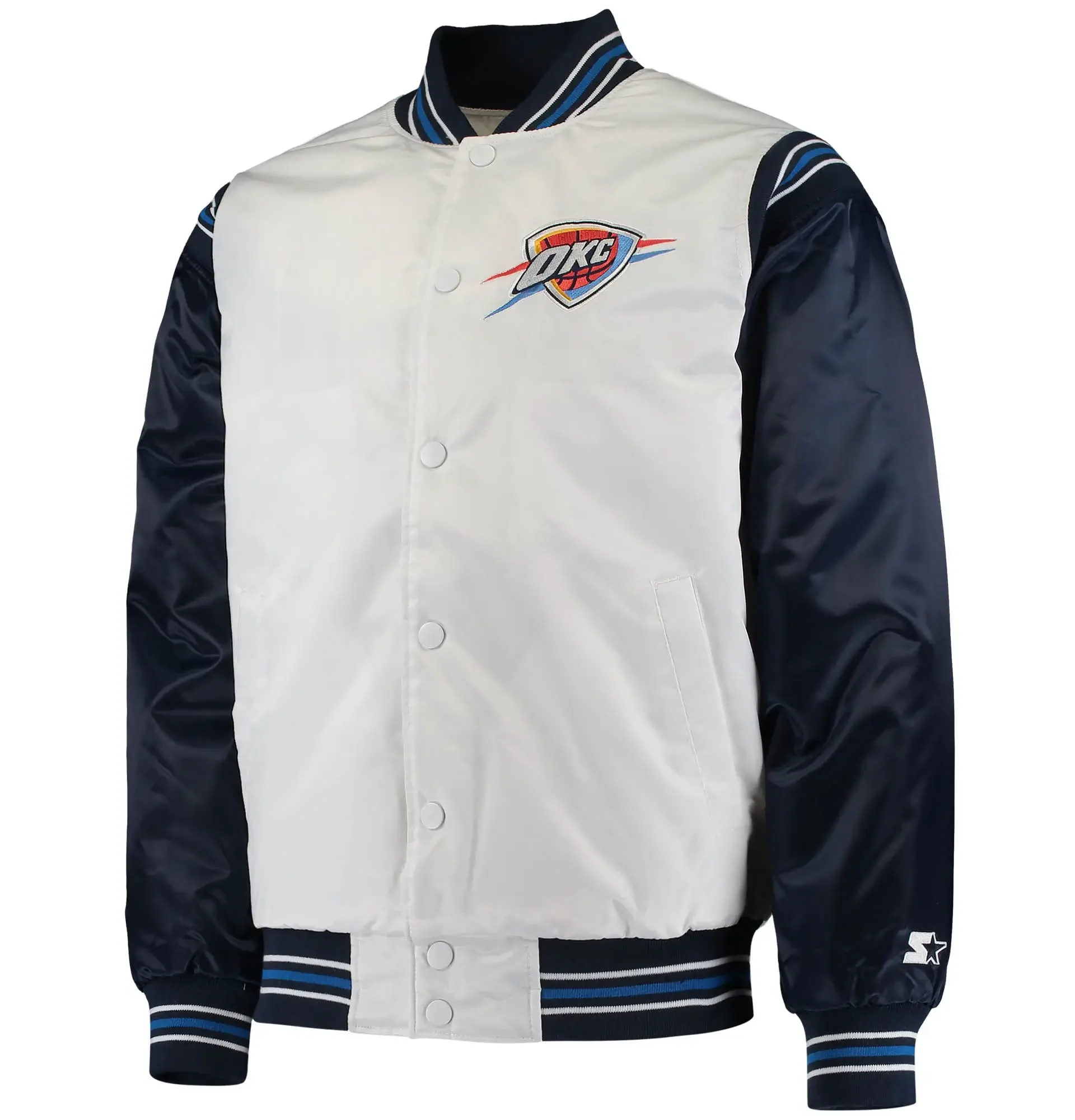 Oklahoma City Thunder Starter Renegade Full-Snap White & Navy Satin Varsity Jacket From LeatherMoto (1)