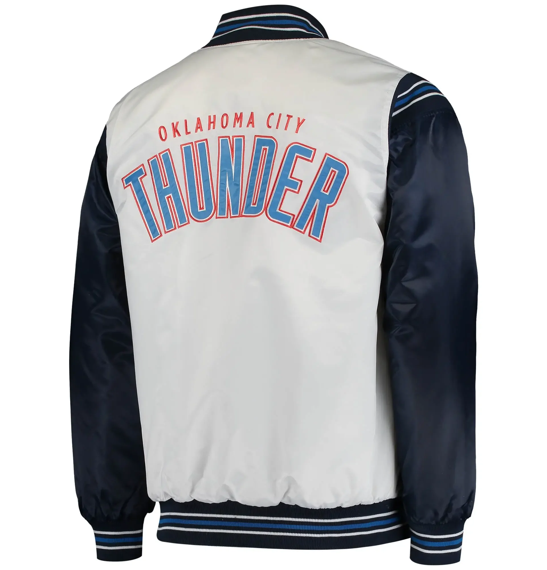 Oklahoma City Thunder Starter Renegade Full-Snap White & Navy Satin Varsity Jacket From LeatherMoto (2)