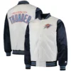 Oklahoma City Thunder Starter Renegade Full-Snap White & Navy Satin Varsity Jacket From LeatherMoto (4)