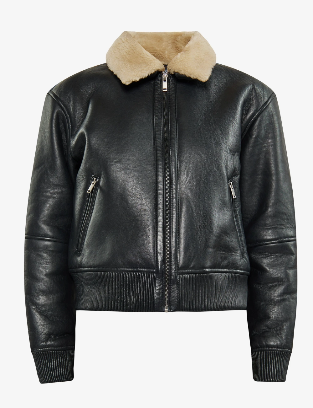 Onyx Classic Women's Black Leather Bomber Jacket with Shearling Collar (1)