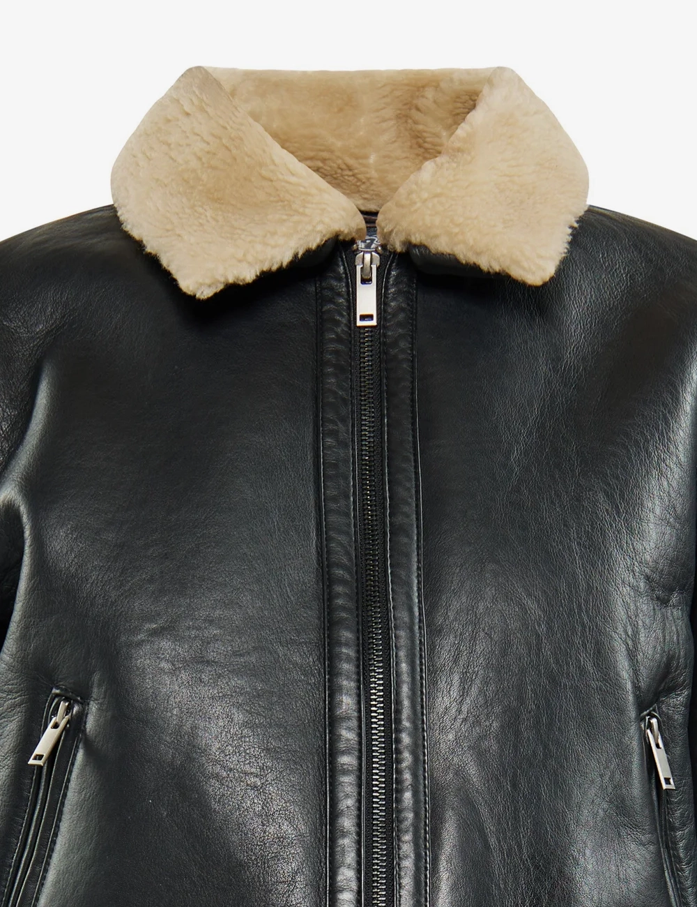 Onyx Classic Women's Black Leather Bomber Jacket with Shearling Collar (2)