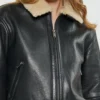 Onyx Classic Women's Black Leather Bomber Jacket with Shearling Collar (4)