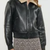 Onyx Classic Women's Black Leather Bomber Jacket with Shearling Collar (5)