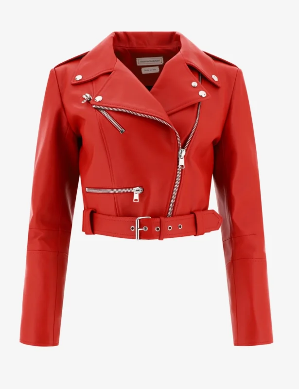 Queen Red Cropped Women's Leather Biker Jacket (1)