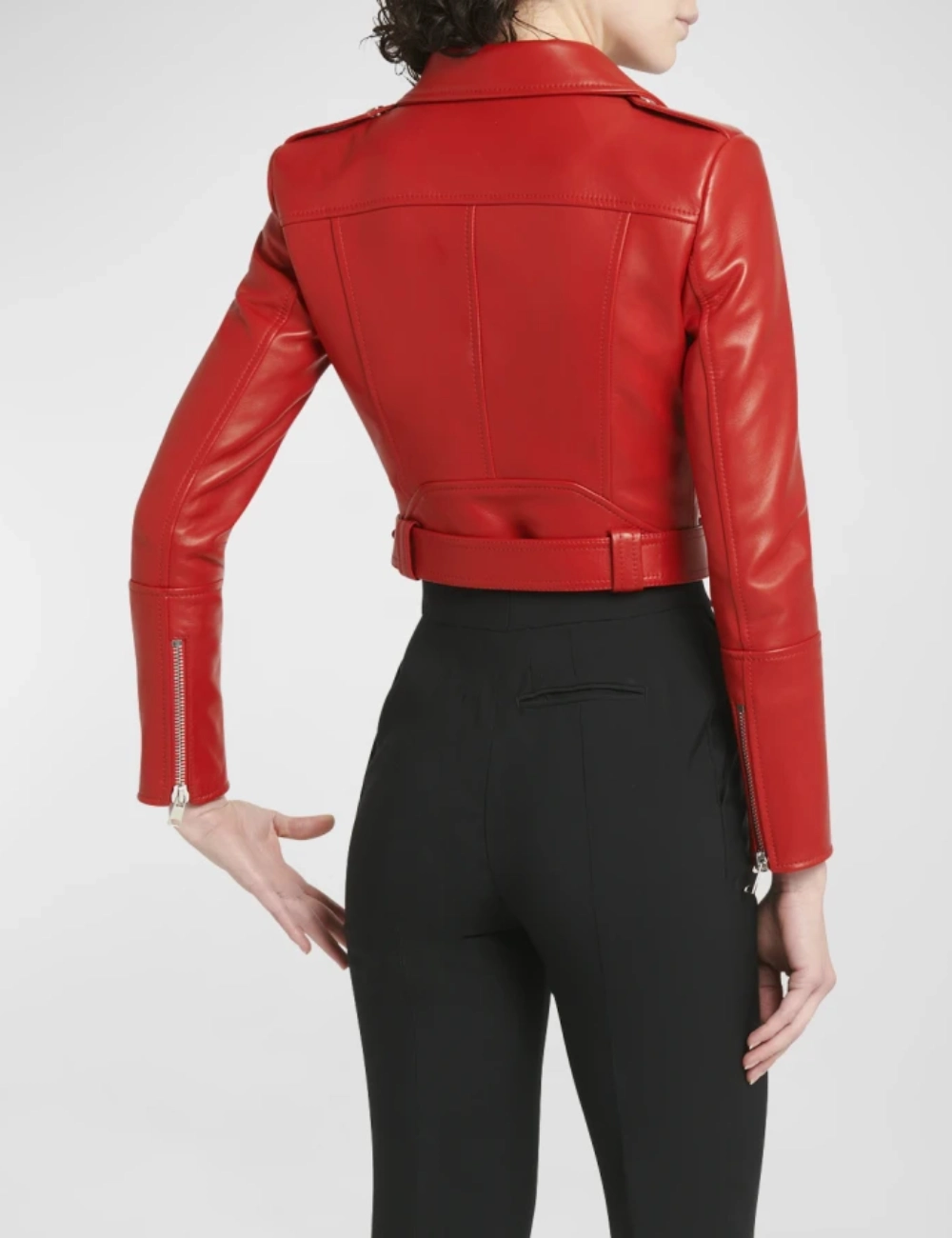 Queen Red Cropped Women's Leather Biker Jacket (2)