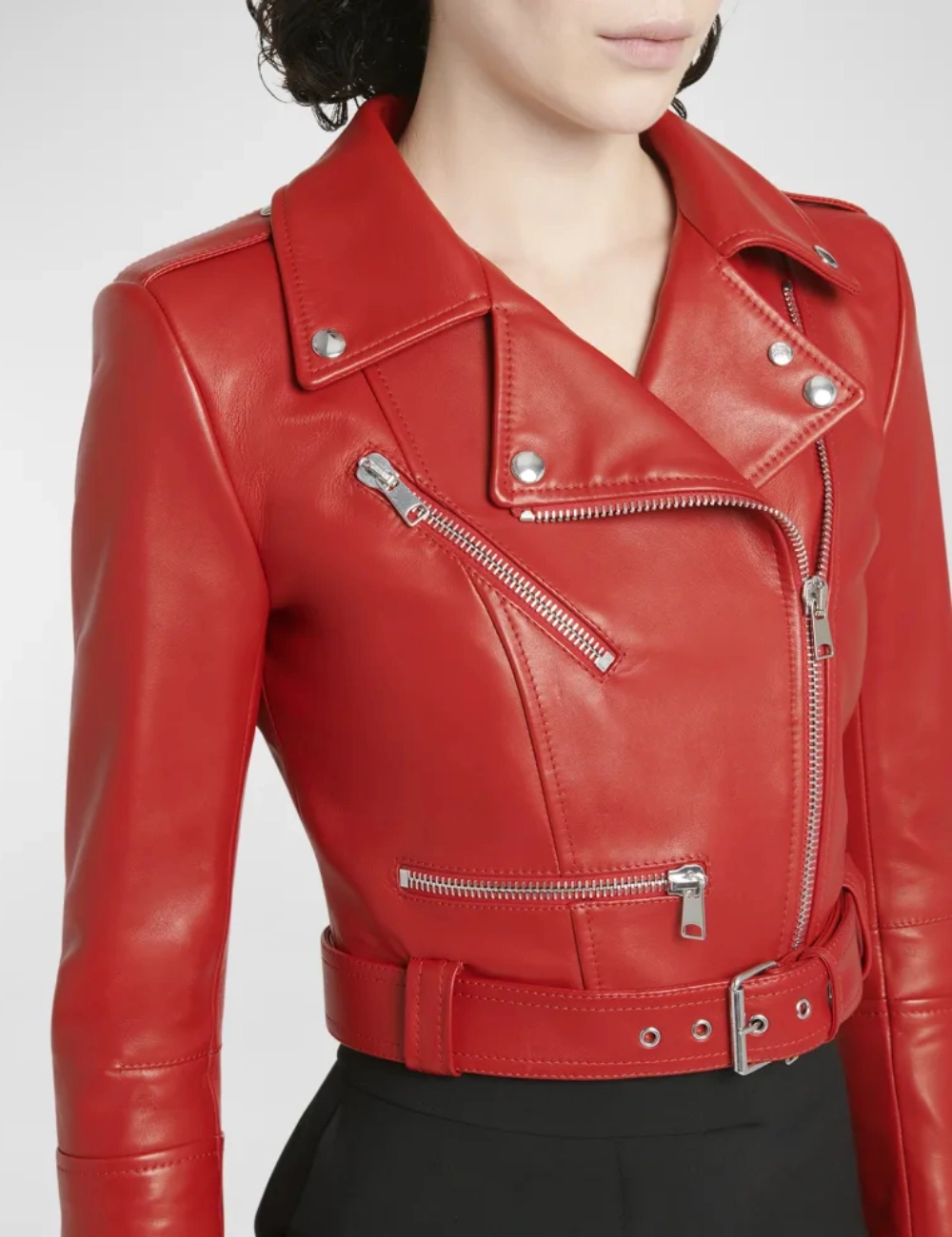 Queen Red Cropped Women's Leather Biker Jacket (3)