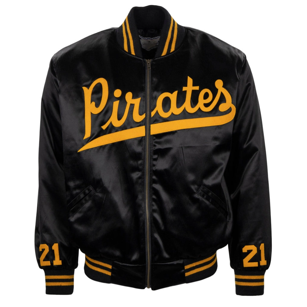 Roberto-Clemente-1970-Authentic-Black-Satin-Varsity-Zipper-Jacket-leather moto 1