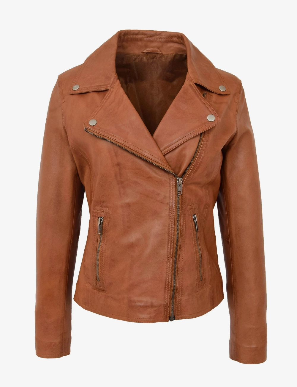 Sienna Rebel Women's Tan Leather Cross-Zip Biker Jacket (1)