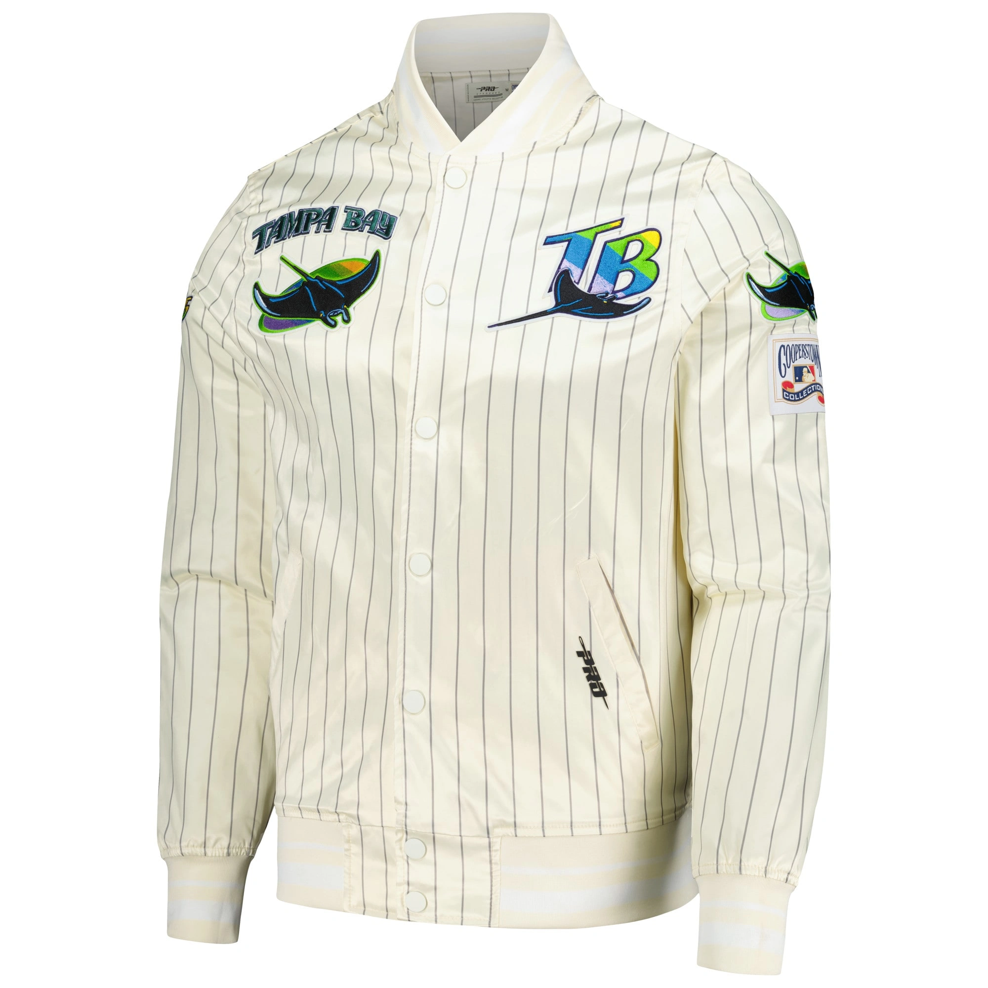 Tampa-Bay-Rays-Pro-Standard-Cooperstown-Pinstripe-Full-Snap-Satin-Varsity-Jacket-leather moto 1