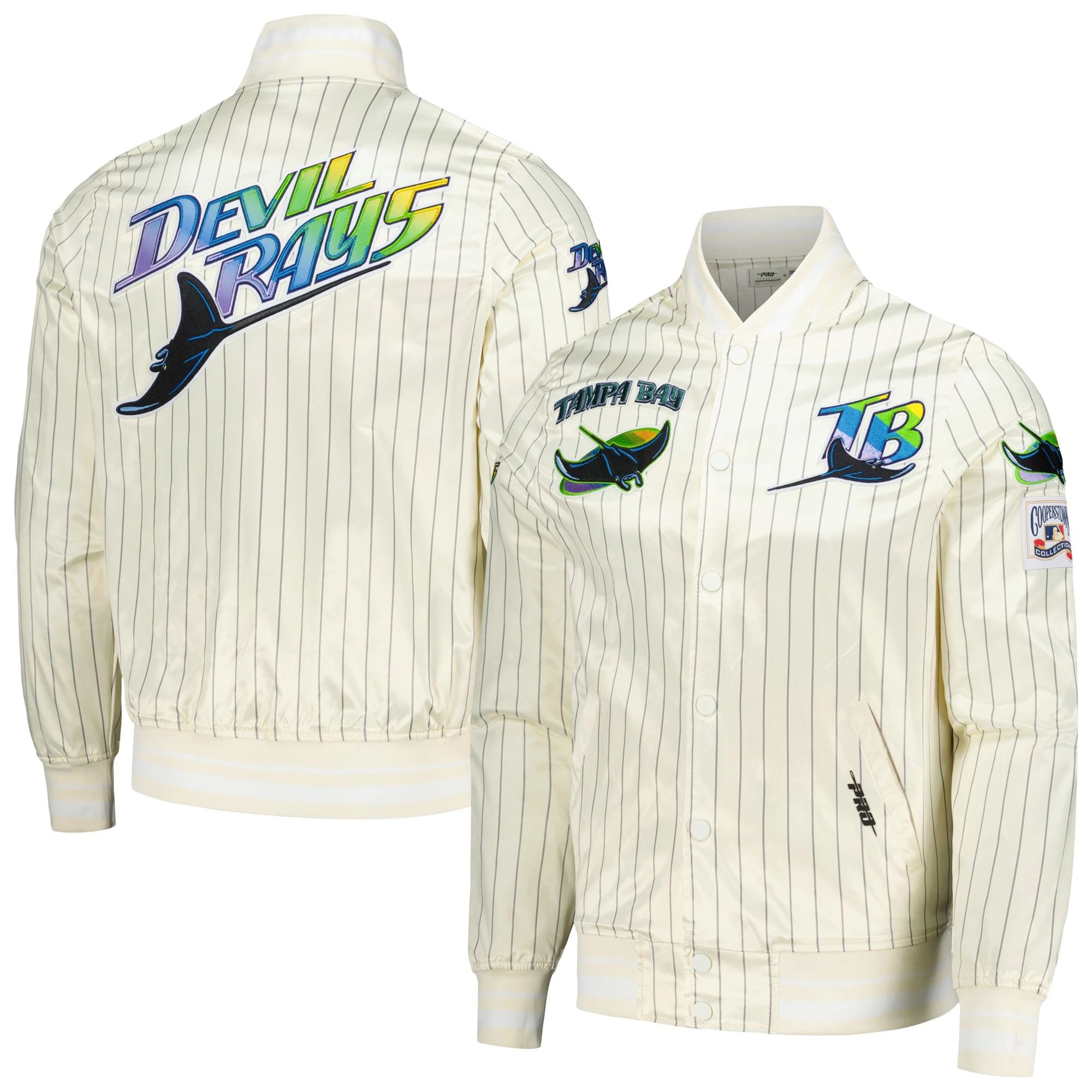 Tampa-Bay-Rays-Pro-Standard-Cooperstown-Pinstripe-Full-Snap-Satin-Varsity-Jacket-leather moto 3