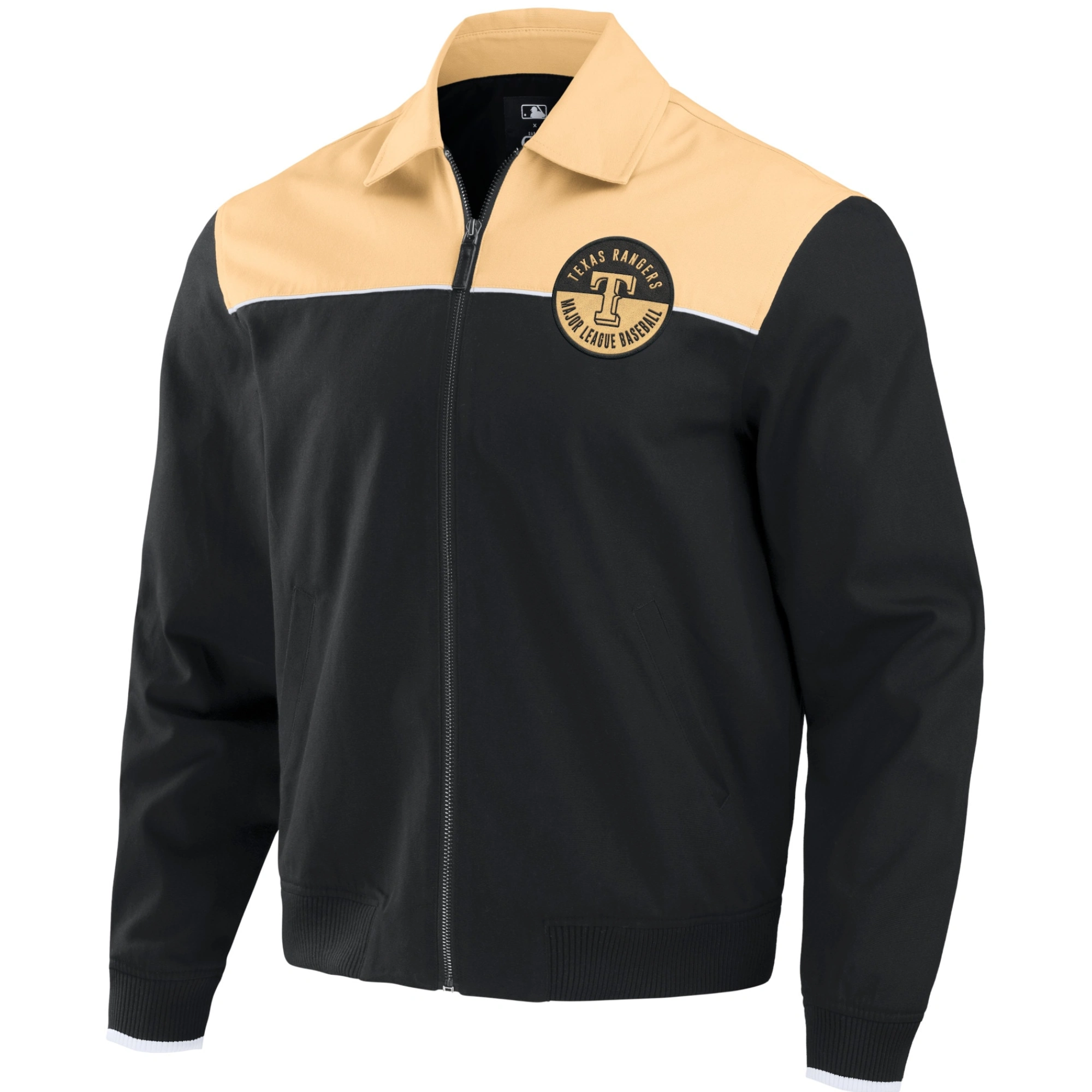 Texas-Rangers-Darius-Rucker-Full-Zip-Bomber-Varsity-Jacket-Black-Tan-leather moto 1