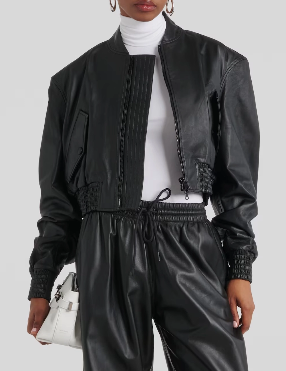 The Urban Edge Women's Black Cropped Leather Bomber Jacket (5)