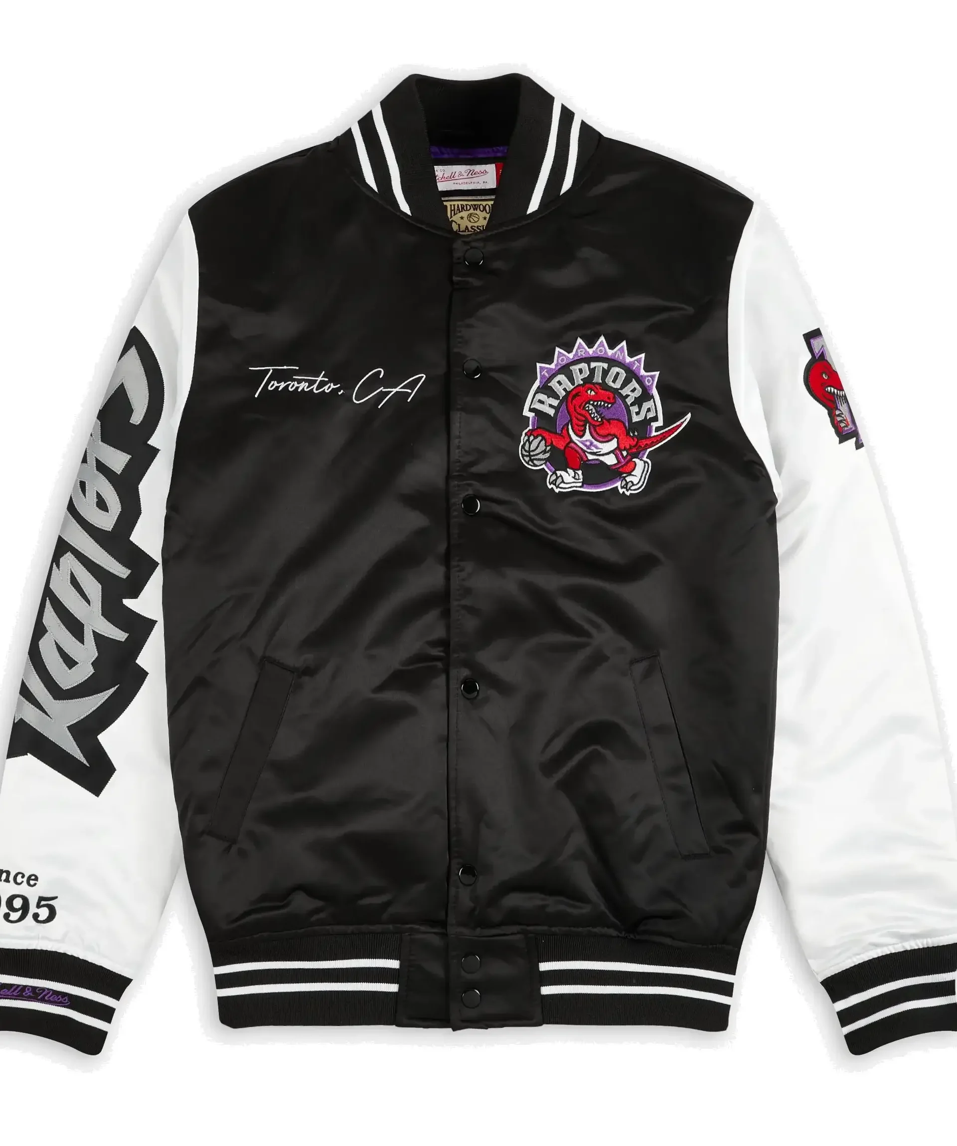 Toronto Raptors NBA Team Origins Black & White Satin Varsity Jacket (1)