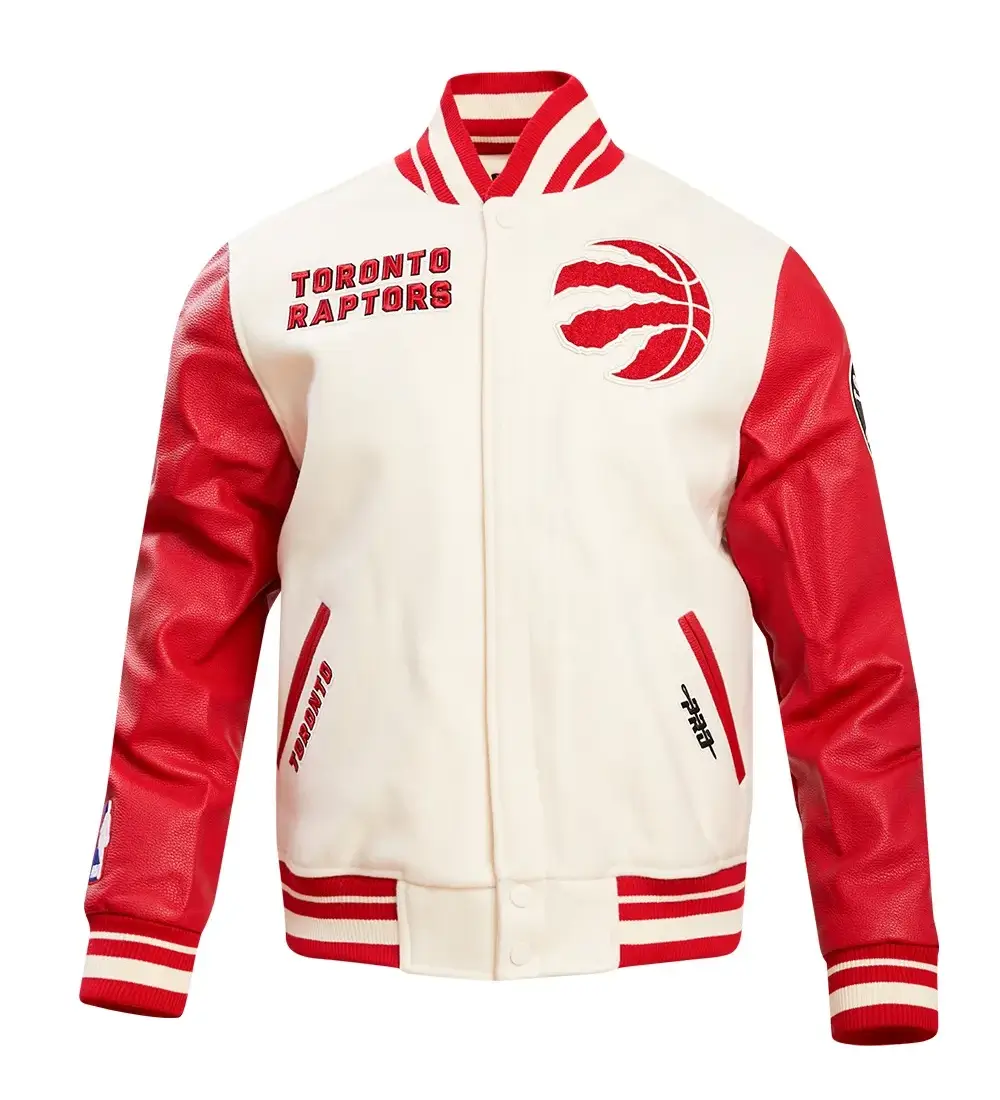 Toronto Raptors Retro Classic Cream & Red Wool & Leather Varsity Jacket (1)