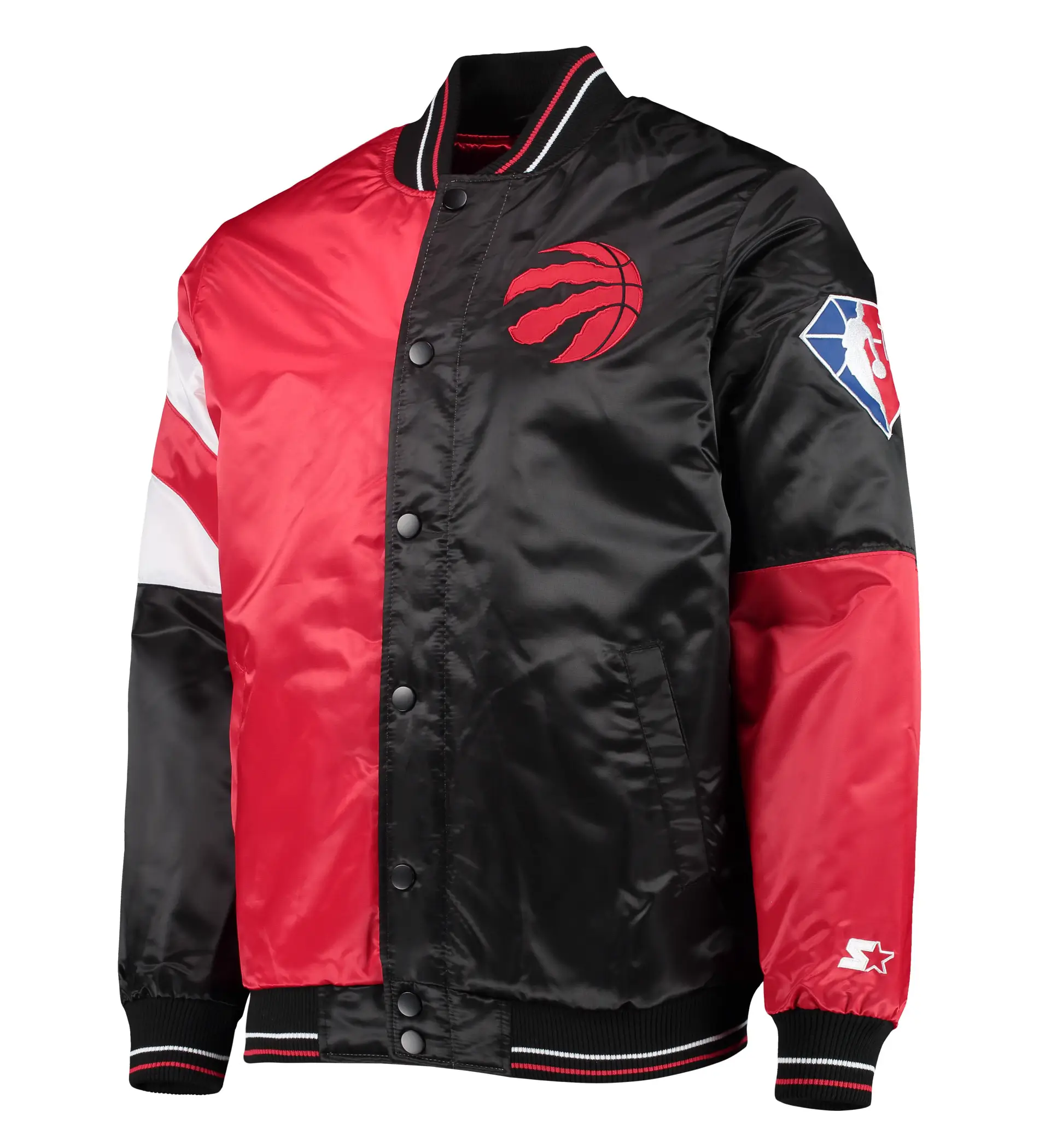 Toronto Raptors Starter 75th Anniversary Leader Red & Black Color Block Satin Varsity Jacket (1)