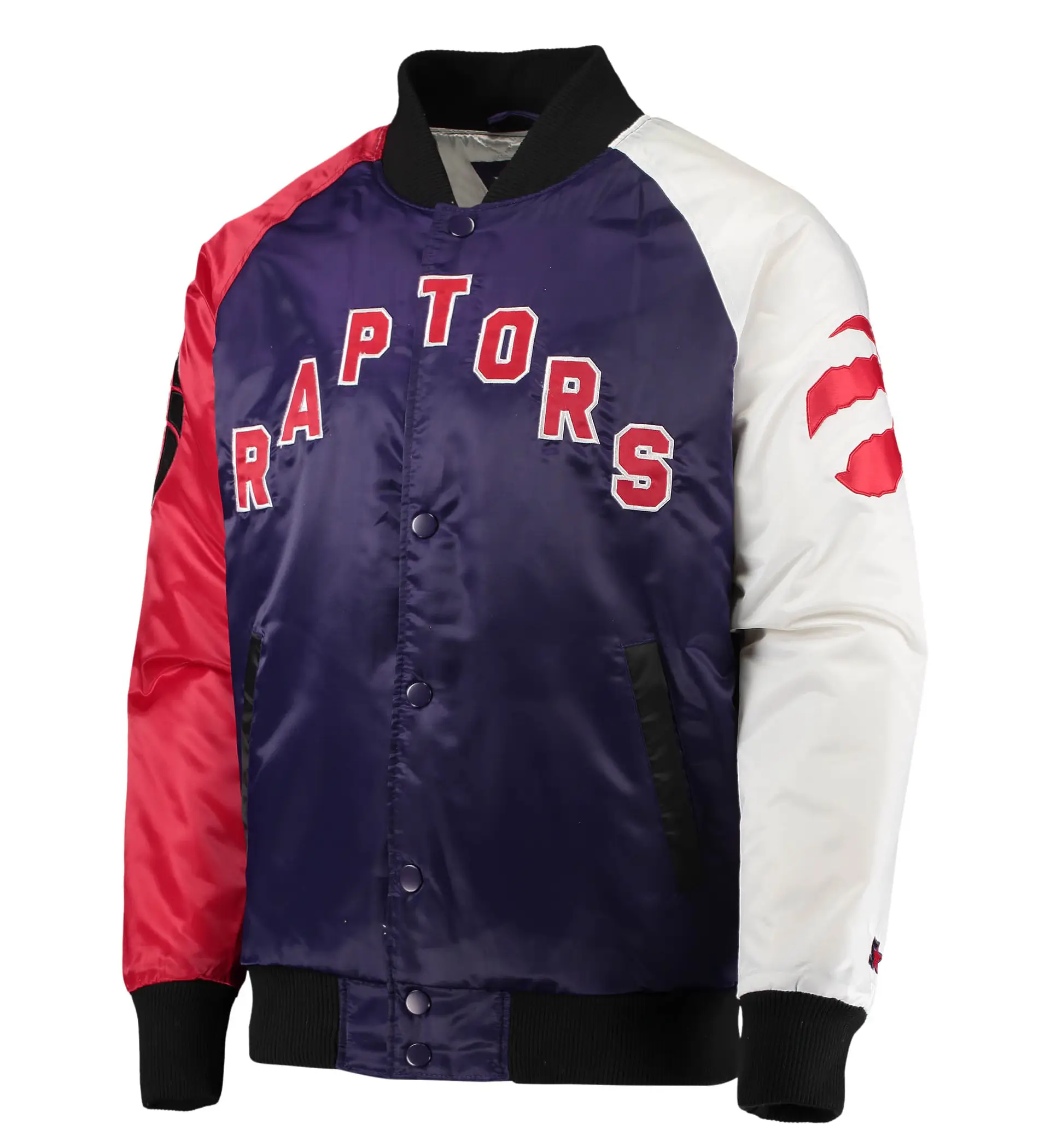 Toronto Raptors Starter PurpleRedWhite Tricolor Remix Raglan Varsity Jacket (1)