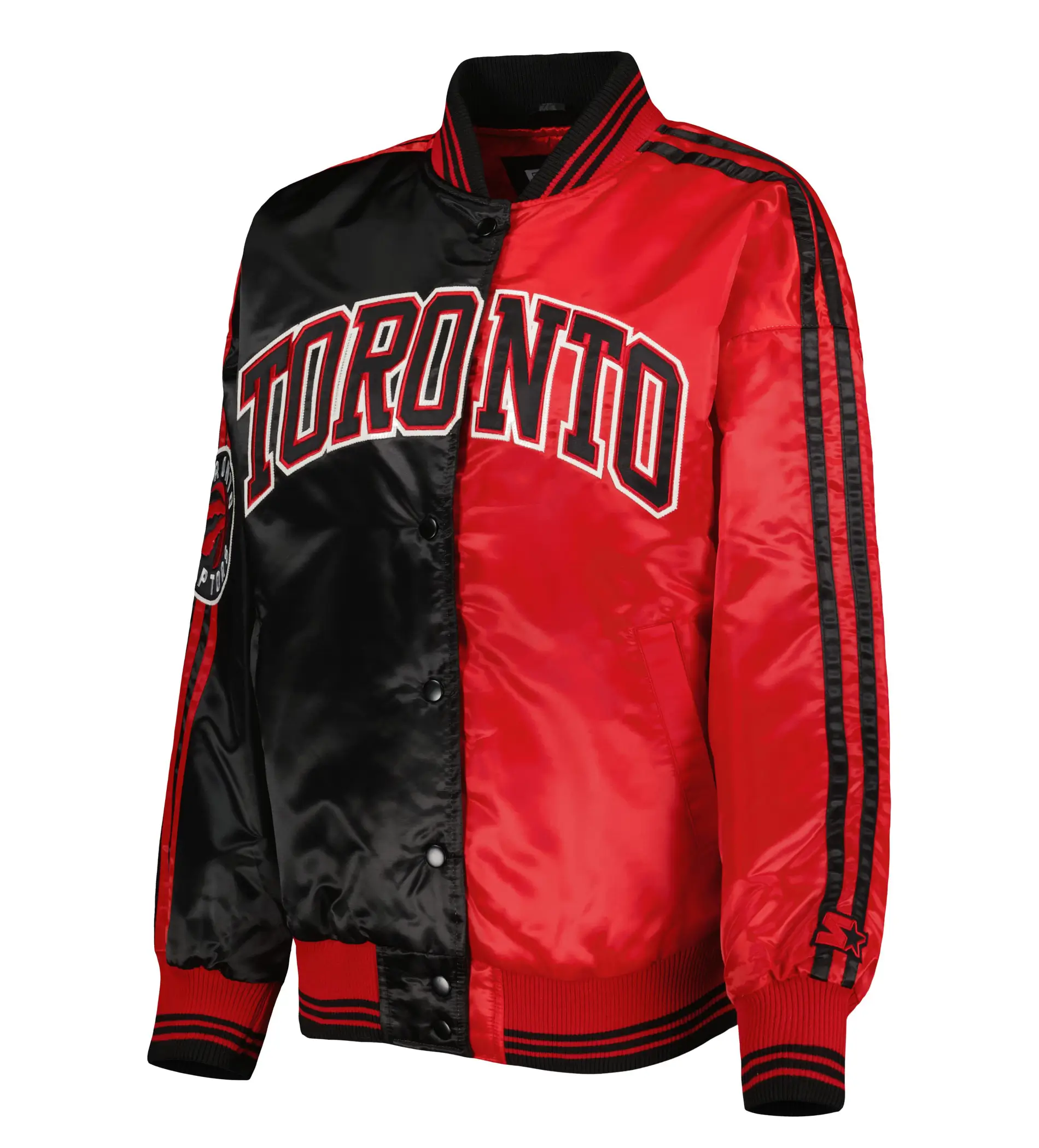 Toronto Raptors Starter Split Colorblock Full-Snap Black & Red Satin Varsity Jacket (1)