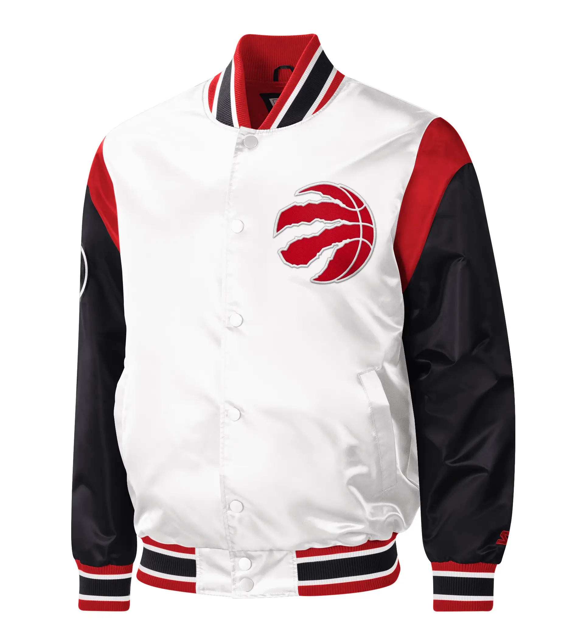 Toronto Raptors Starter Warmup Pitch Full-Snap White & Black Satin Varsity Jacket (1)