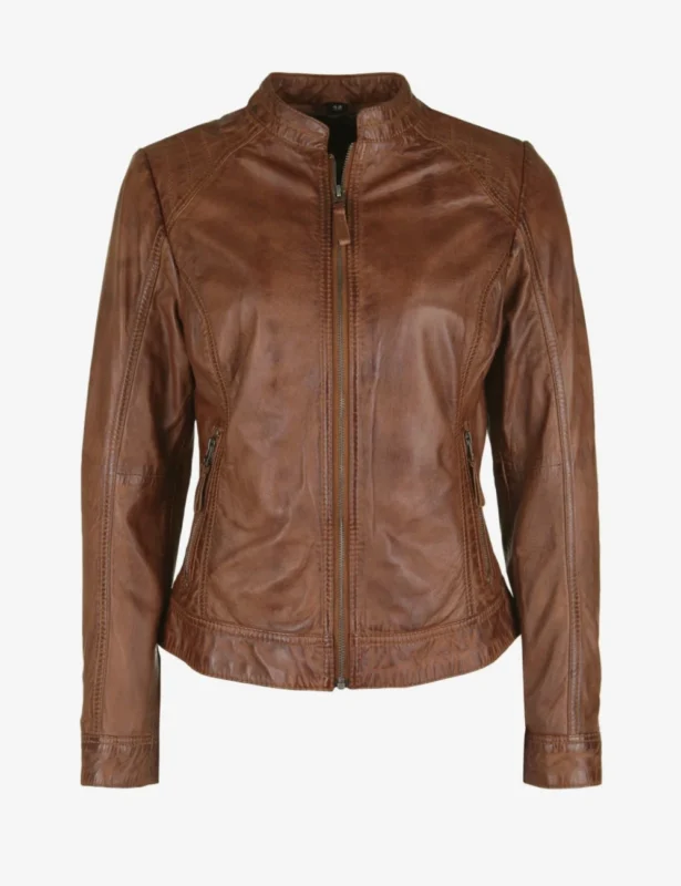 Vixen Brown Classic Cafe Racer Collar Women's Leather Jacket (3)