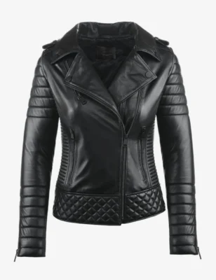 Women’s Midnight Black Biker Quilted Leather Jacket 1