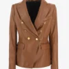 Women's Signature Brown Double-Breasted Leather Blazer