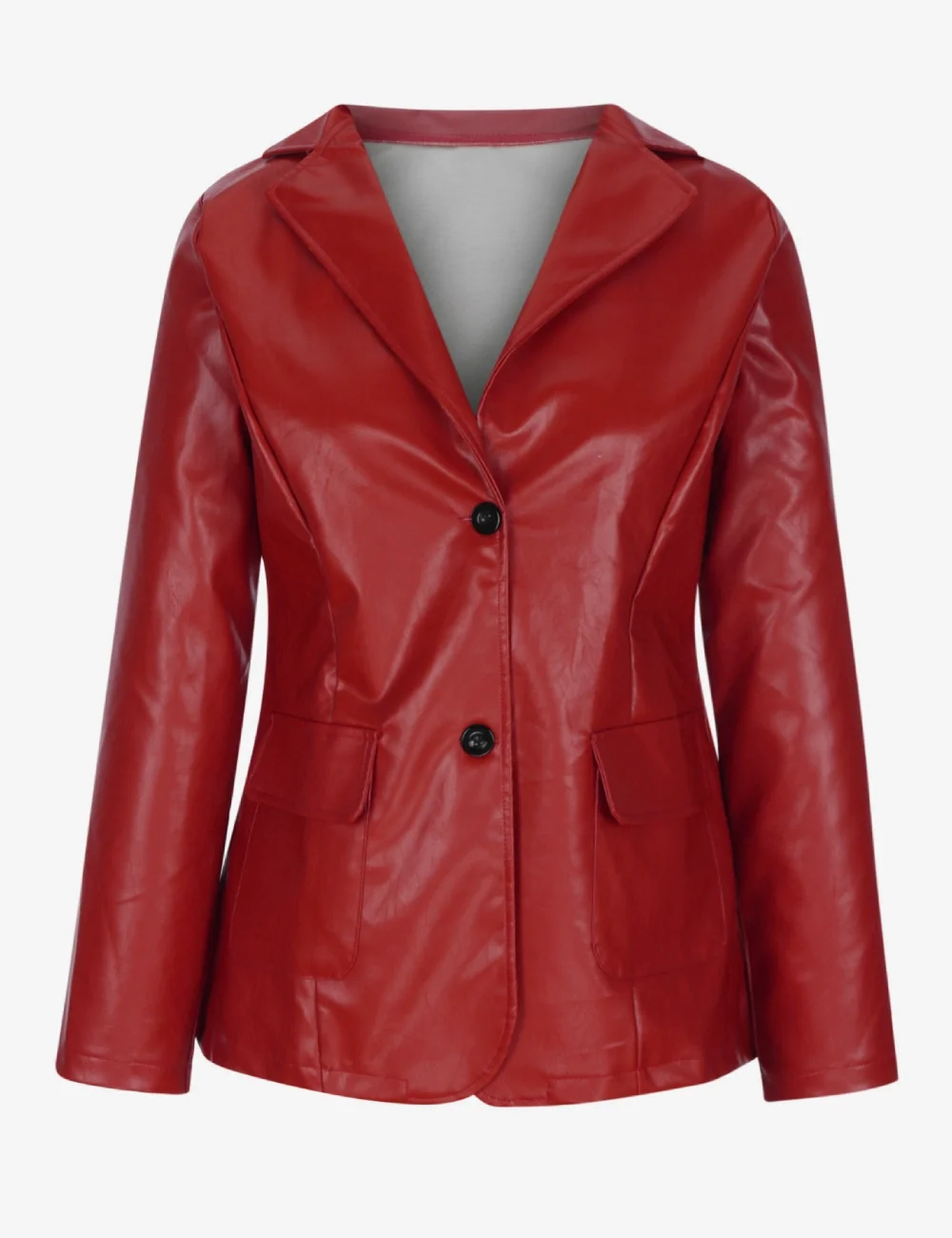 Women’s Stylish Red Leather Blazer Jacket – Long Sleeve Lapel Coat