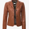 Women’s Two-Button Tan Leather Blazer – Classic Chic Jacket (1)