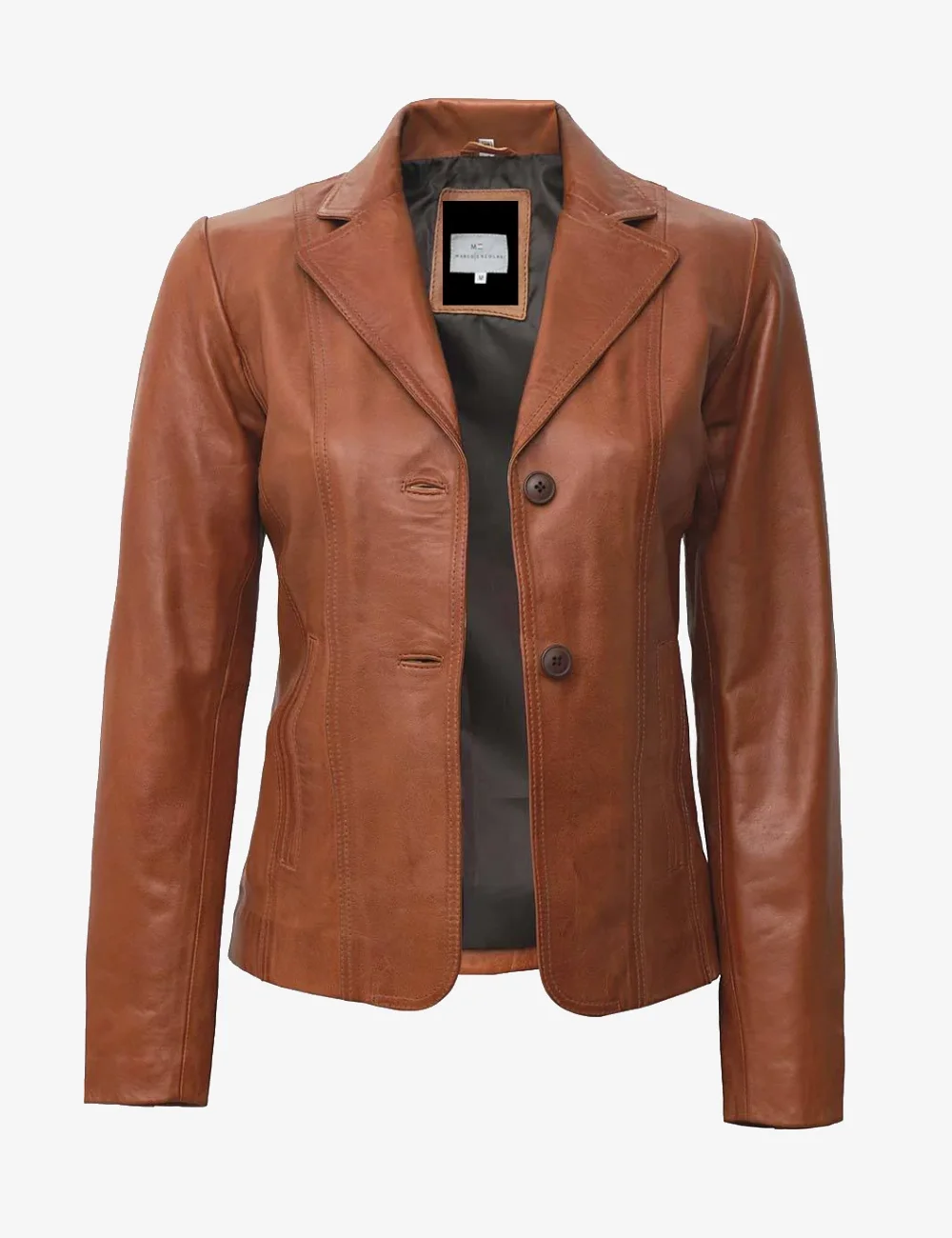 Women’s Two-Button Tan Leather Blazer – Classic Chic Jacket (1)