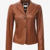 Women’s Two-Button Tan Leather Blazer – Classic Chic Jacket
