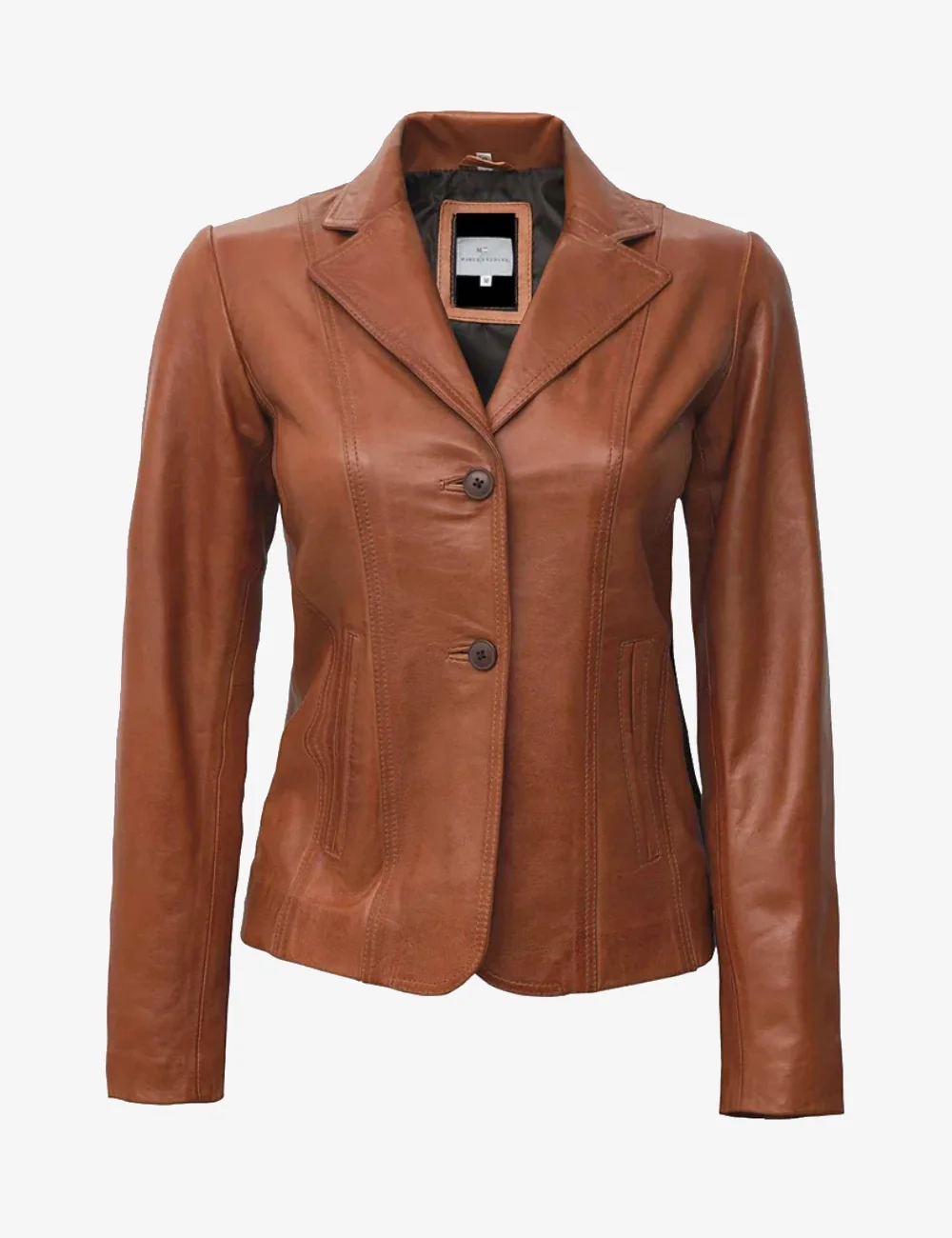 Women’s Two-Button Tan Leather Blazer – Classic Chic Jacket