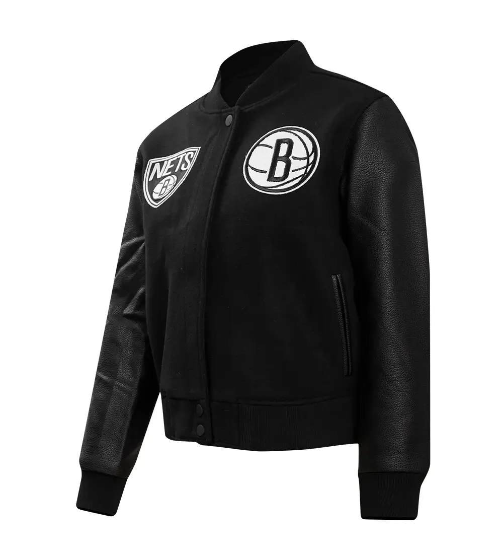Women´s-Brooklyn-Nets-Retro-Classic-Rib-Full-Black-Wool-Leather-Varsity-Jacket-LeatherMoto