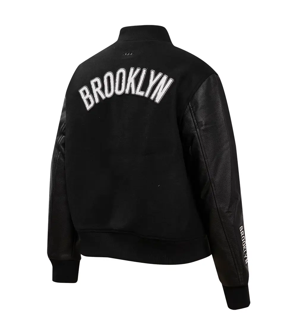 Women’s Brooklyn Nets Retro Classic Rib Full Black Wool & Leather Varsity Jacket - Image 3