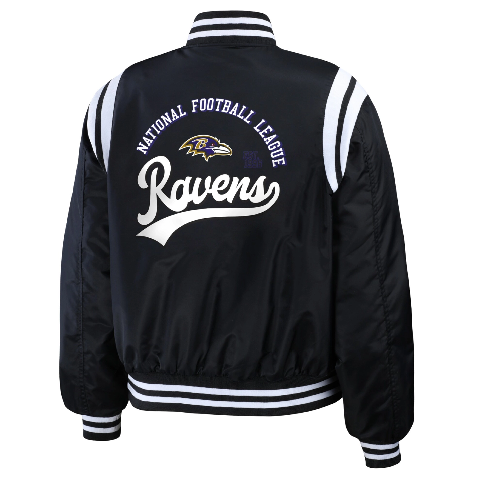 Baltimore-Ravens-WEAR-by-Erin-Andrews-Womens-Bomber-Jacket-Black-LeatherMoto