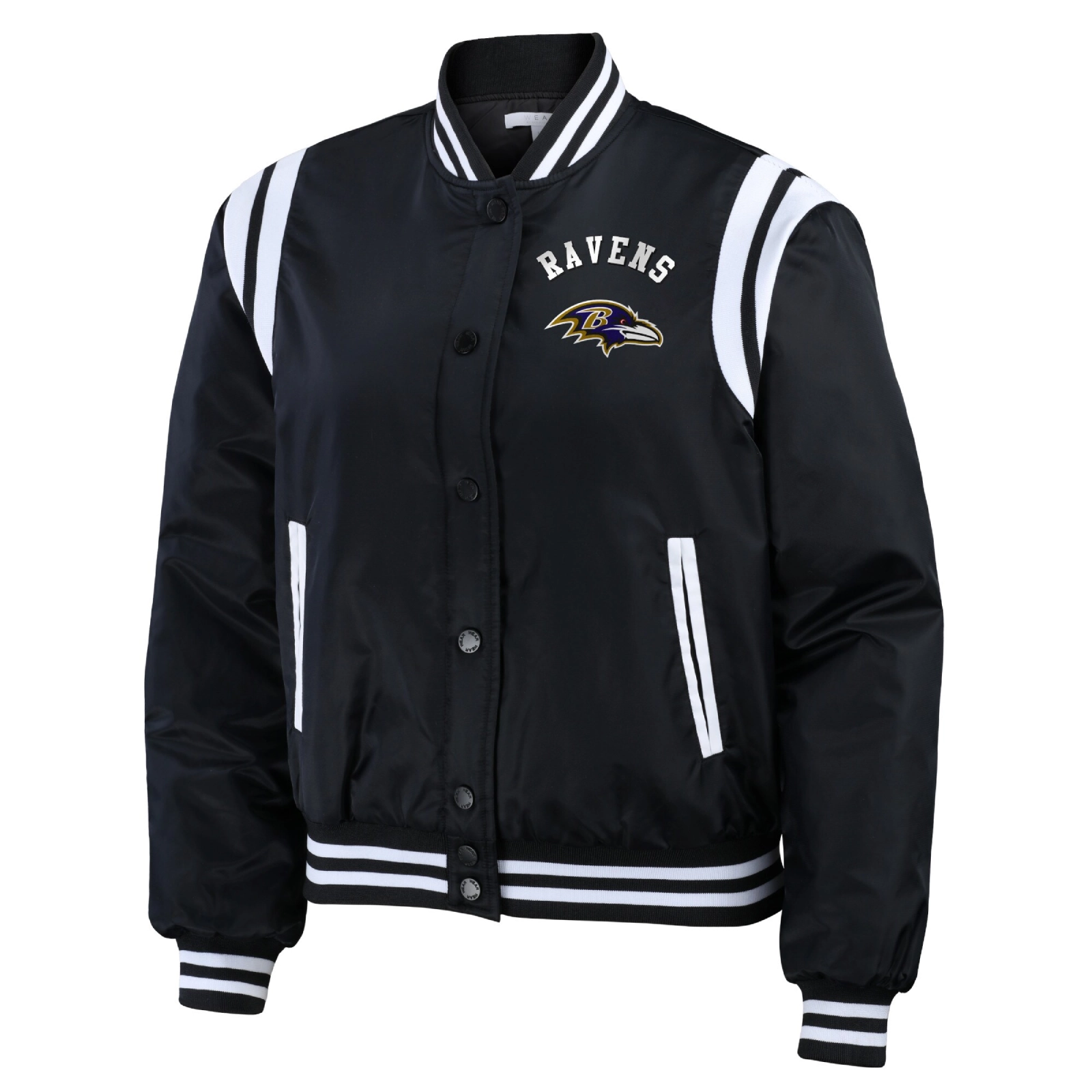 Baltimore-Ravens-WEAR-by-Erin-Andrews-Womens-Bomber-Jacket-Black-LeatherMoto