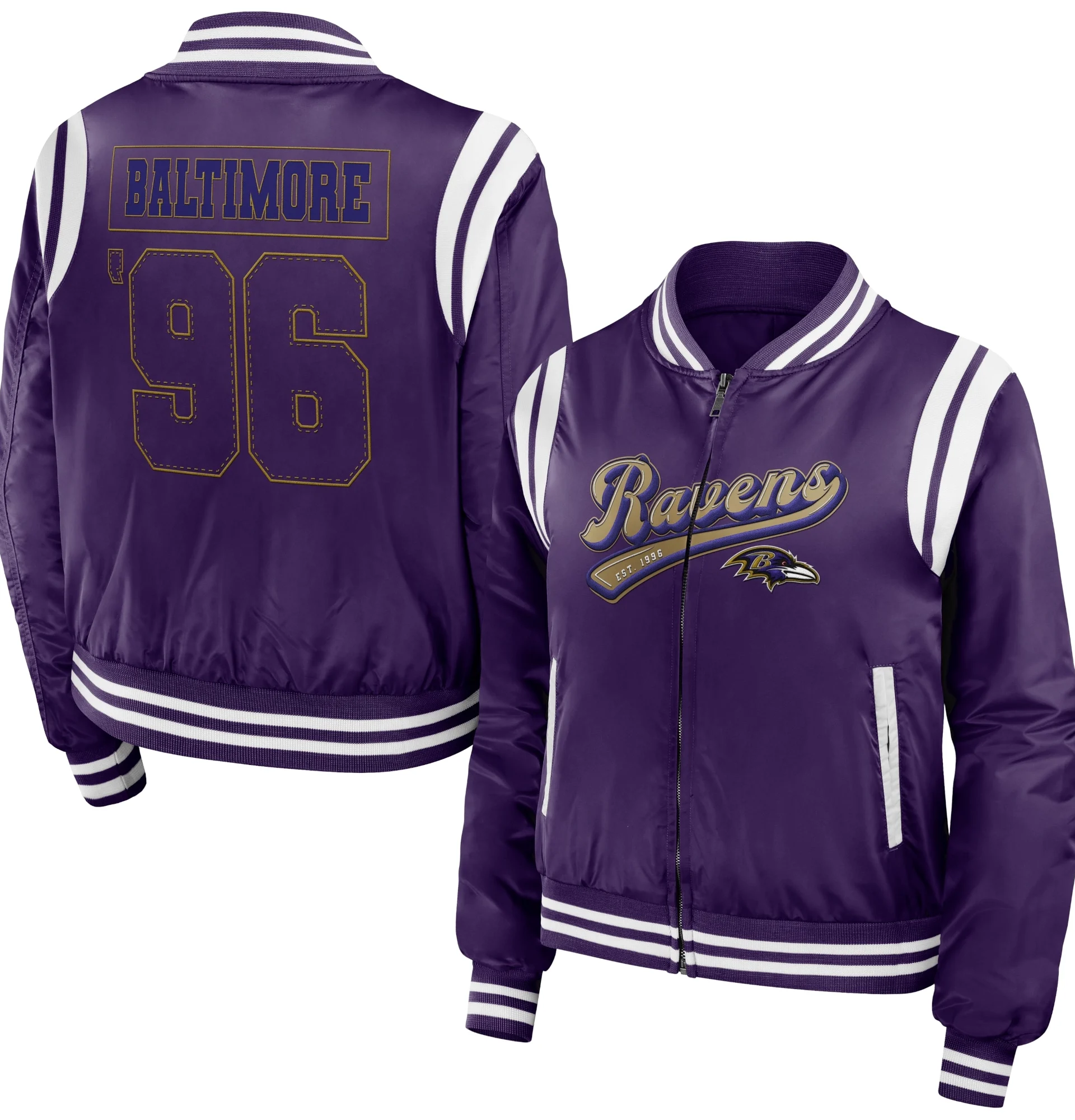 Baltimore-Ravens-Womens-Full-Zip-Bomber-Varsity-Jacket-Purple-LeatherMoto