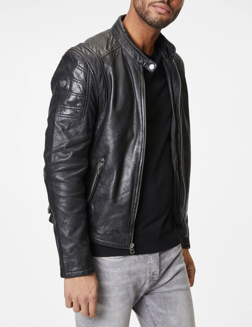 Chic Urban Men's Explorer Real Leather Jacket with Removable Gray Hooded (2)