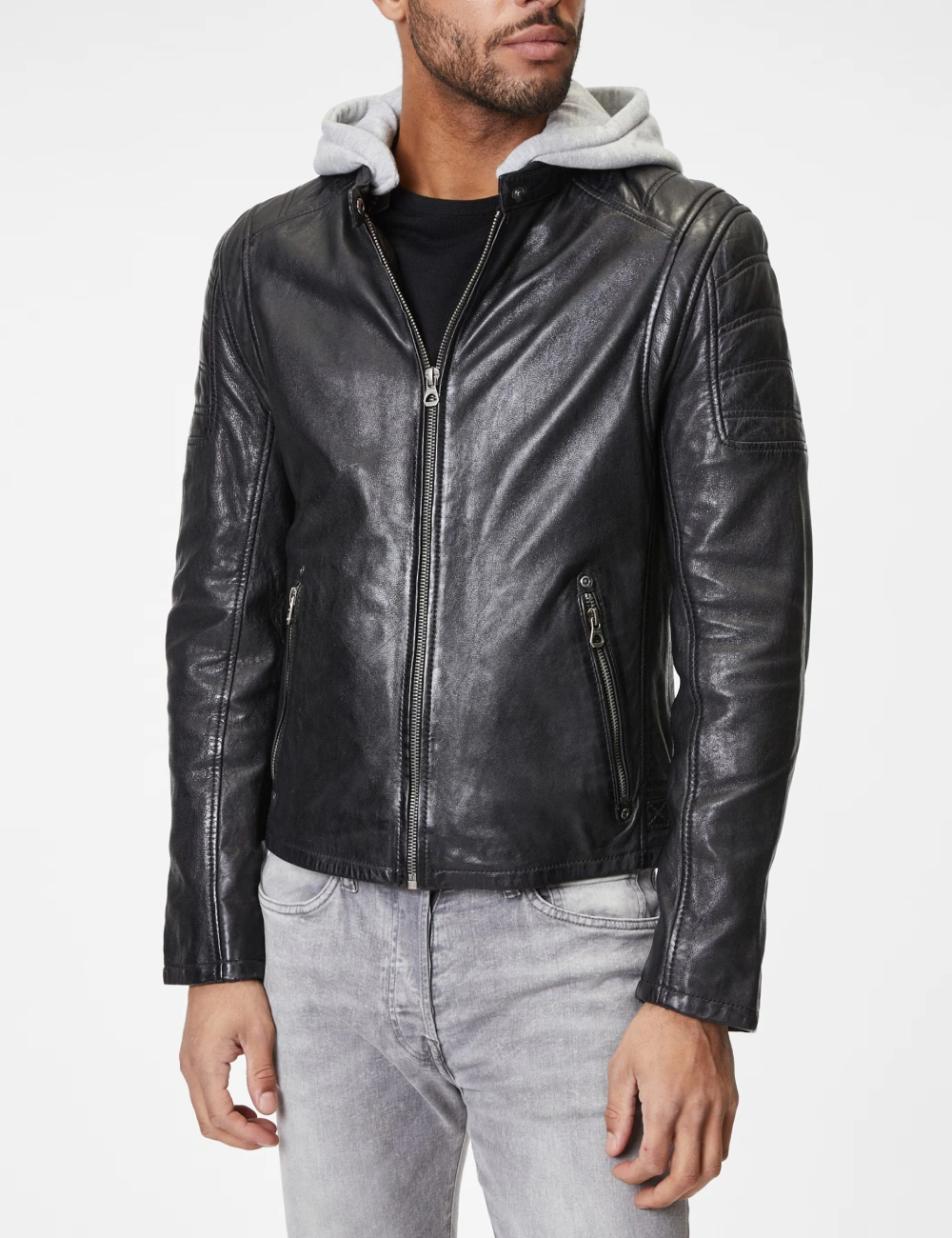 Chic Urban Men's Leather Jacket with Removable Gray Hooded