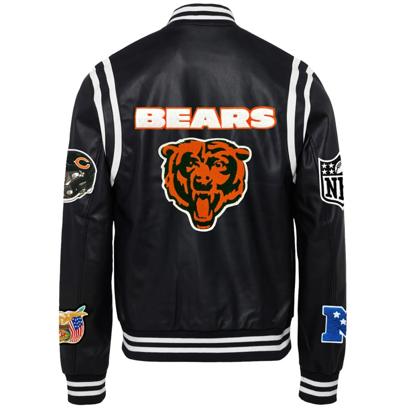 Chicago-Bears-Jeff-Hamilton-Black-Vegan-Full-Snap-Leather-Varsity-Jacket-LeatherMoto
